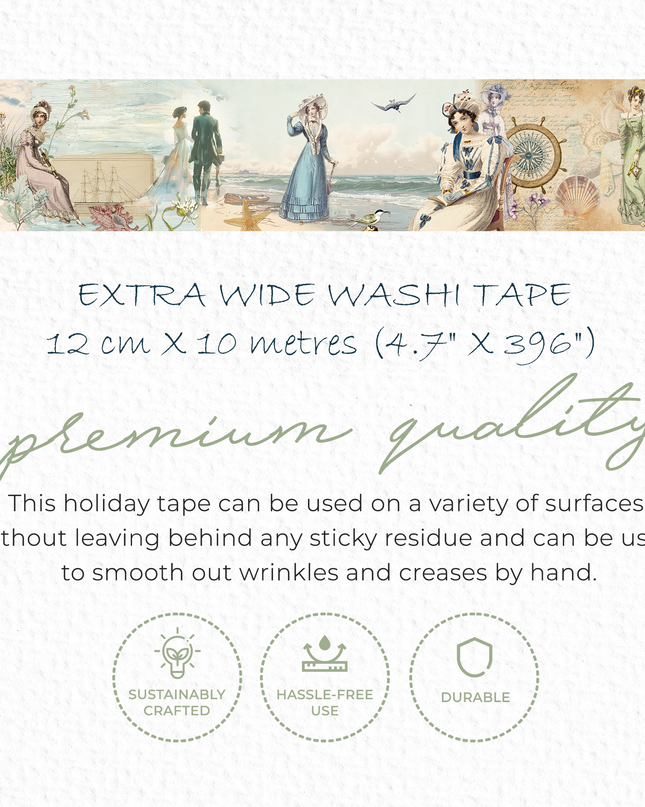 Jane Austen seaside stroll theme extra wide washi tape sticker roll for scrapbooks, journals, crafts and gifts. 12 cm wide