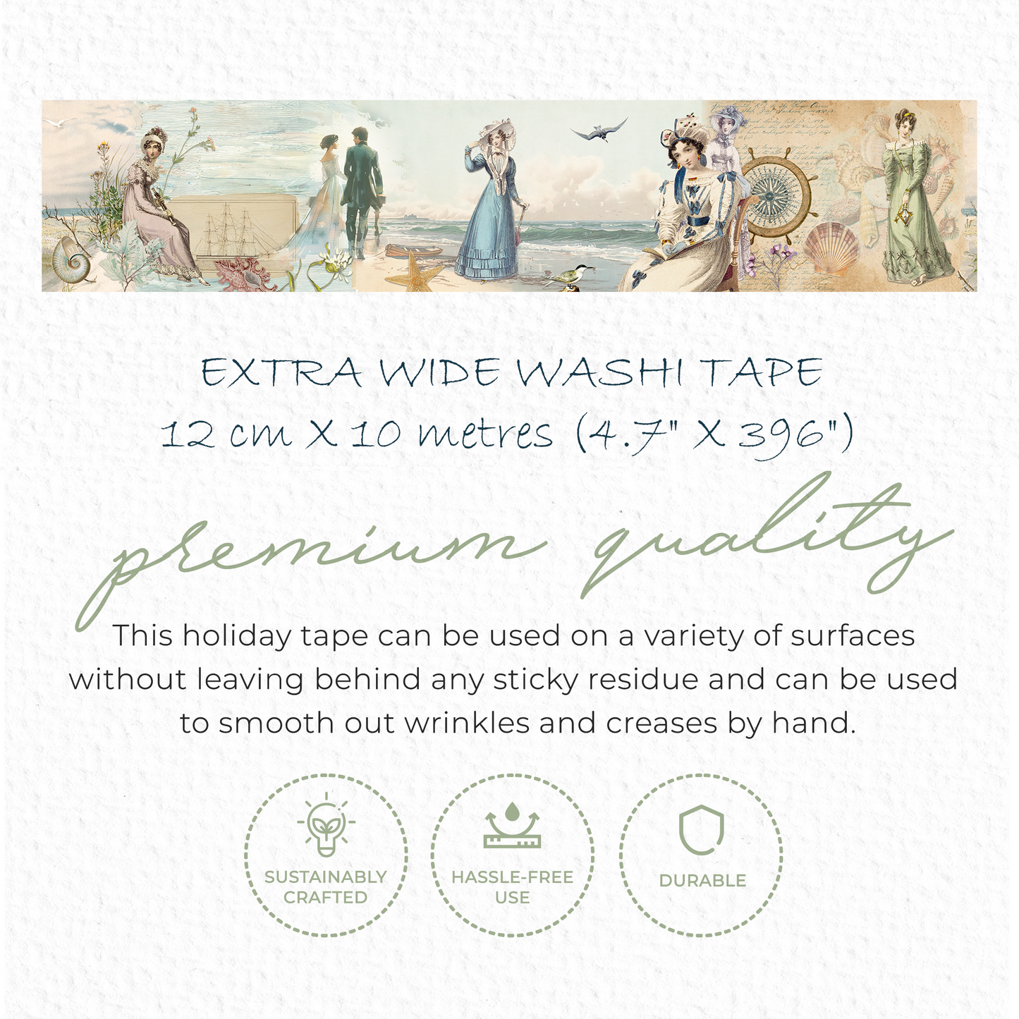 Jane Austen seaside stroll theme extra wide washi tape sticker roll for scrapbooks, journals, crafts and gifts. 12 cm wide