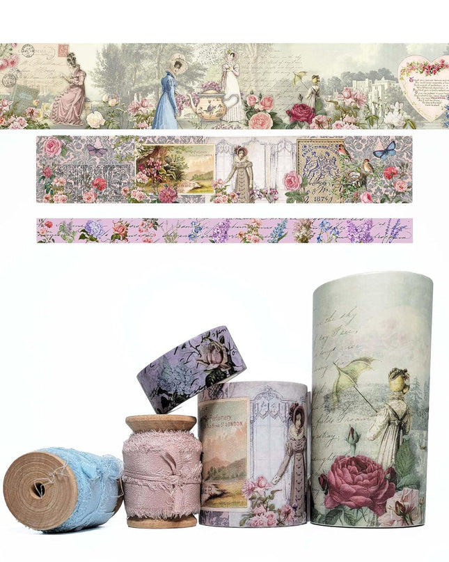 Jane Austen Romantic wide washi tapes and silk ribbons scrapbook crafts set