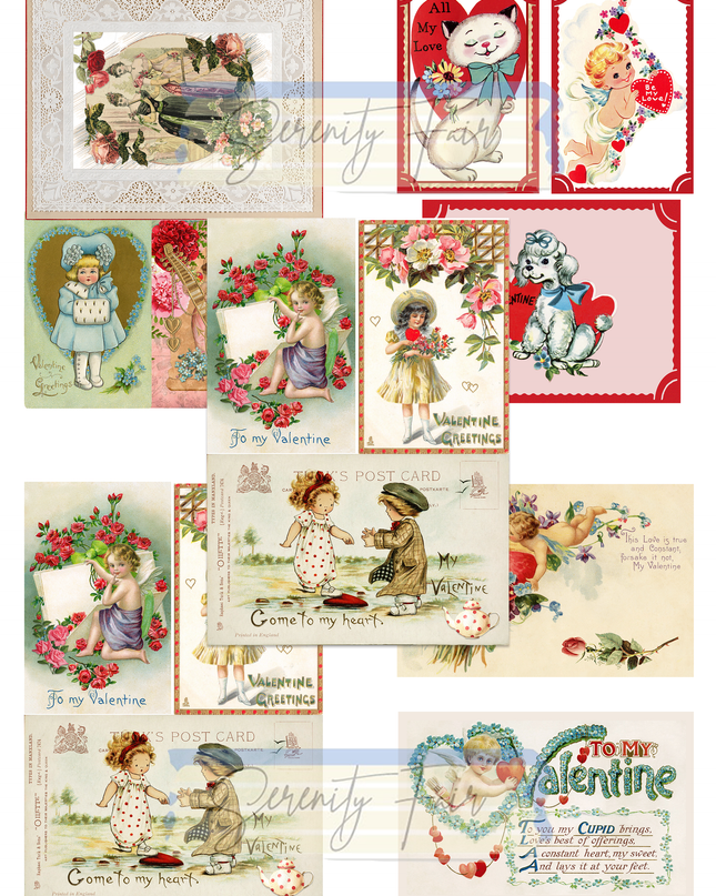 Vintage Valentine's Day greeting cards & tags digital download