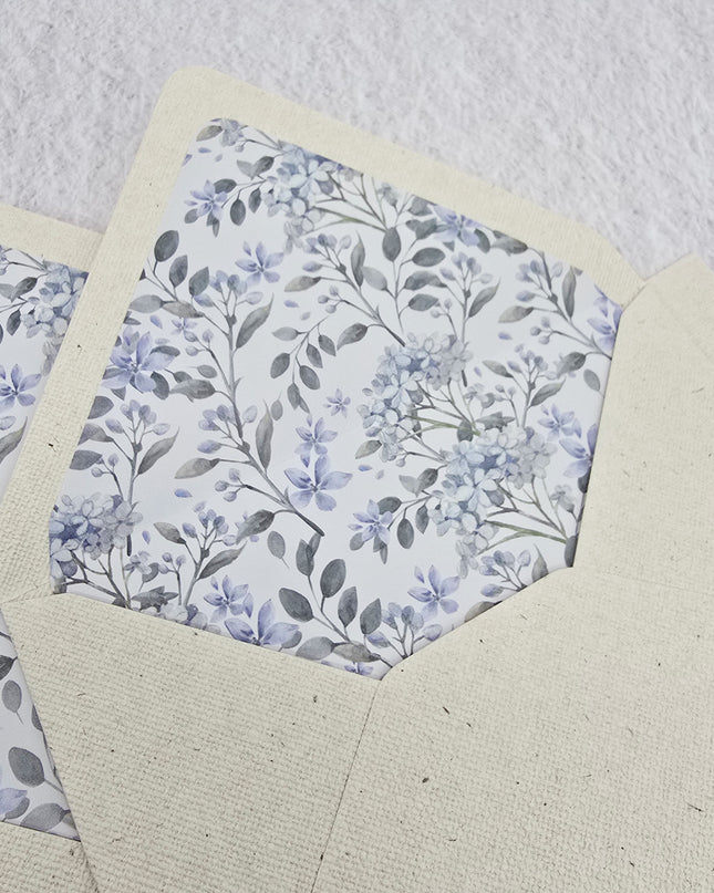 Linen textured card paper and envelope with blue hydrangea flowers print lining ( Set of 3 )