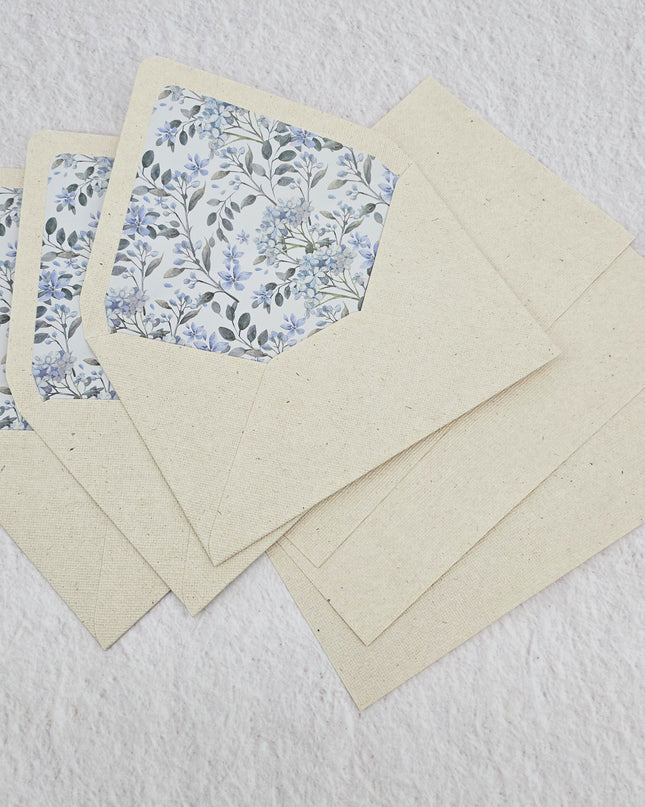 Linen textured card paper and envelope with blue hydrangea flowers print lining ( Set of 3 )