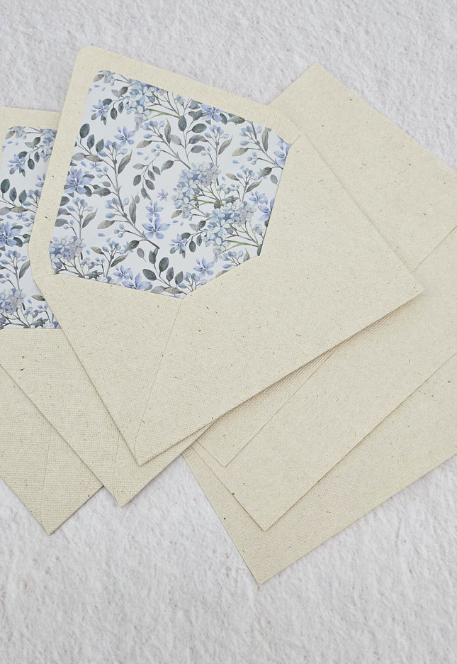 Linen textured card paper and envelope with blue hydrangea flowers print lining ( Set of 3 )