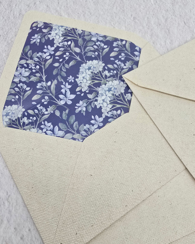 Linen textured card paper and envelope with blue hydrangea flowers print lining ( Set of 2)