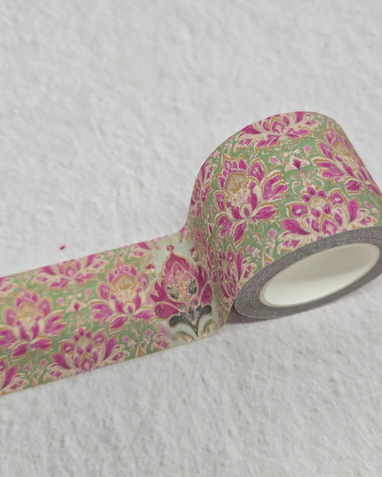 Lotus Damask Glitter Washi Tape – Fuchsia, Sage & Gold (4cm x 5m) ✨