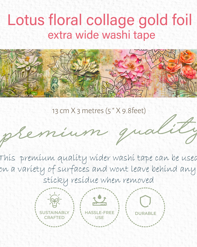 Lotus floral collage gold foil extra wide washi tape