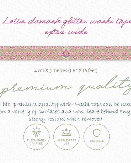 Lotus Damask Glitter Washi Tape – Fuchsia, Sage & Gold (4cm x 5m) ✨