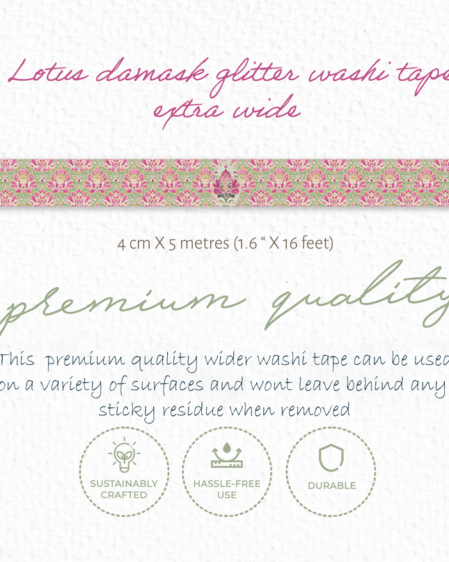Lotus Damask Glitter Washi Tape – Fuchsia, Sage & Gold (4cm x 5m) ✨