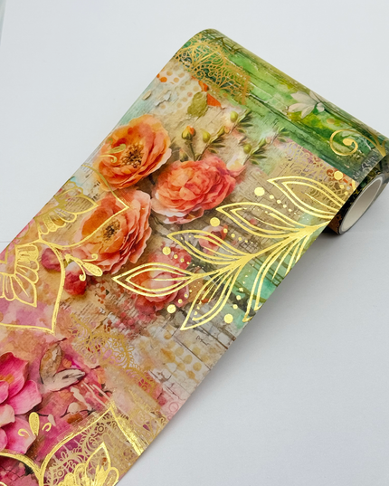Lotus floral collage gold foil extra wide washi tape