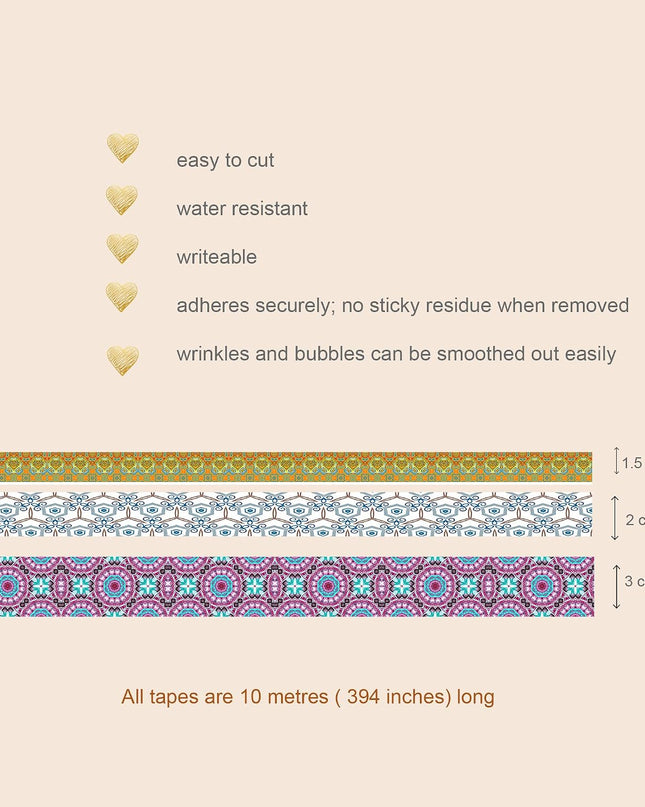 Colorful Mandalas Pattern washi Tapes Set of Extra Long Rolls for scrapbooks, Crafts and journals. Extra Long washi Tapes 10 Meter / 33 feet per roll