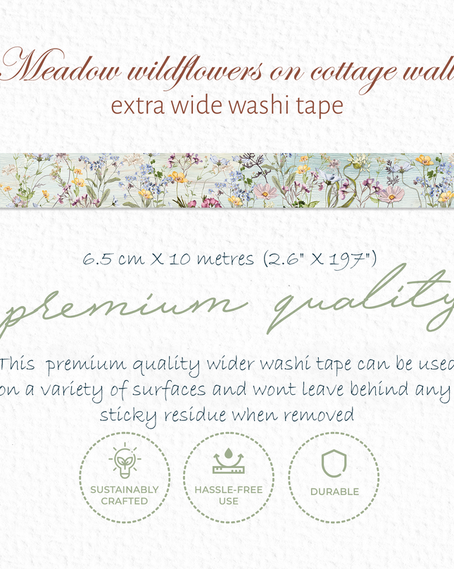Ruban washi extra large de fleurs sauvages des prés pour les albums, les journaux, la décoration et l'artisanat fait à la main
