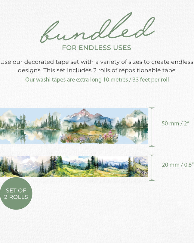 Serenity Fair Mountain Woodland washi Sticker Tapes for scrapbooks, journals, Crafts, Decorating Extra Long 10 metre / 33 feet per roll