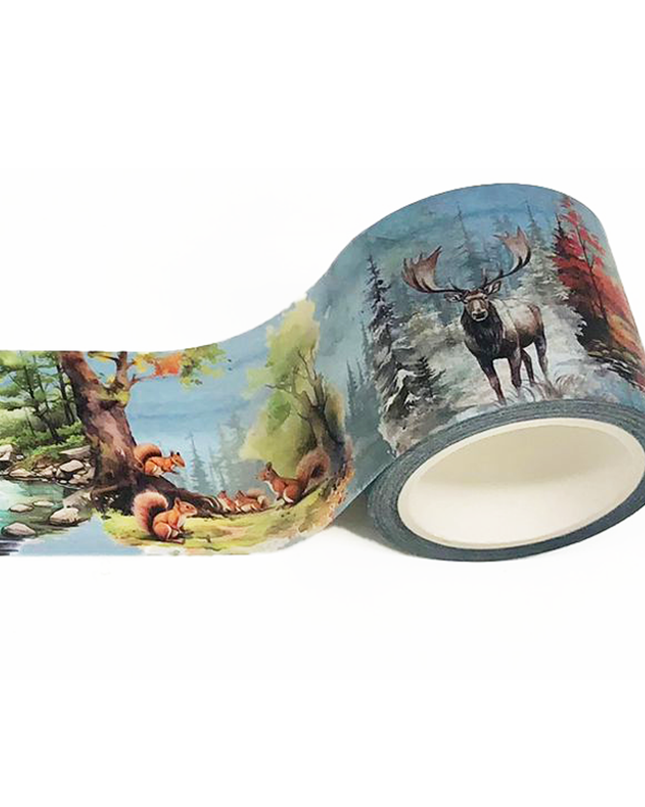 Mountain forest woodland theme wide washi sticker tape for journals, crafts, decorating, wall decor and decoupage. Extra-long roll of 10 m