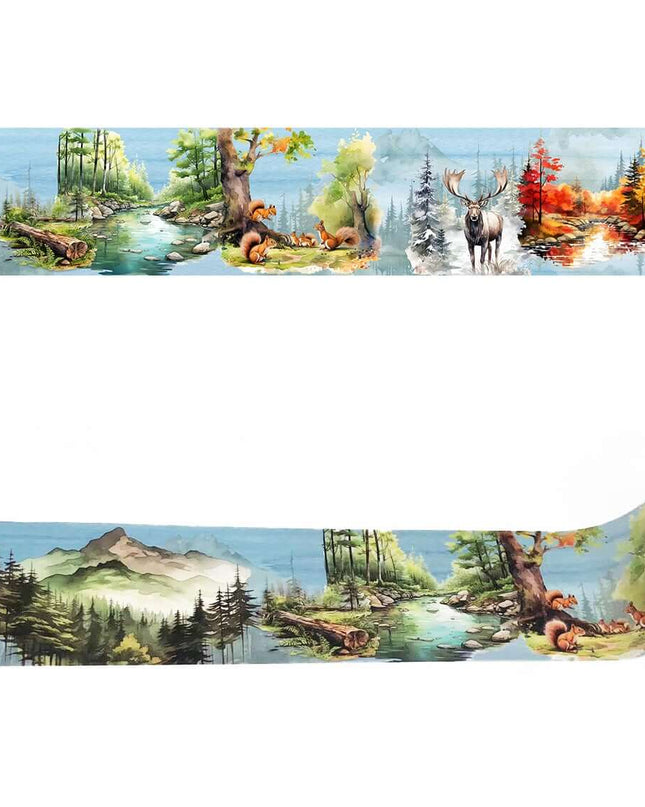 Mountain forest woodland theme wide washi sticker tape for journals, crafts, decorating, wall decor and decoupage. Extra-long roll of 10 m