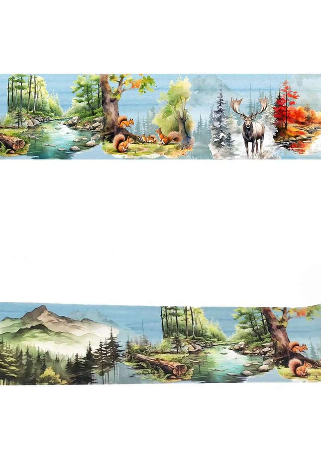 Mountain forest woodland theme wide washi sticker tape for journals, crafts, decorating, wall decor and decoupage. Extra-long roll of 10 m