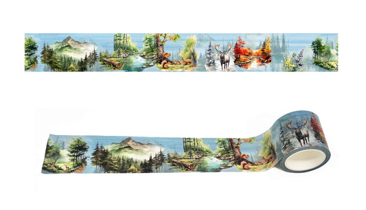 Mountain forest woodland theme wide washi sticker tape for journals, crafts, decorating, wall decor and decoupage. Extra-long roll of 10 m