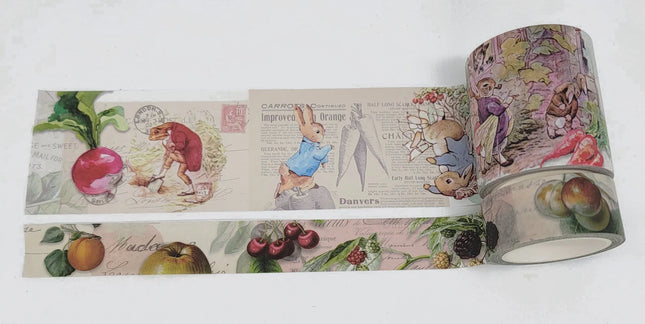 Peter Rabbit washi tapes duo. Set of 2 Beatrix Potter theme scrapbook sticker tapes. Extra long 10 meter / 33 feet tape rolls