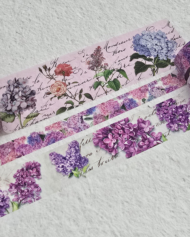 Vintage purple florals wash tapes set featuring hydrangea, lavender, roses and lilacs