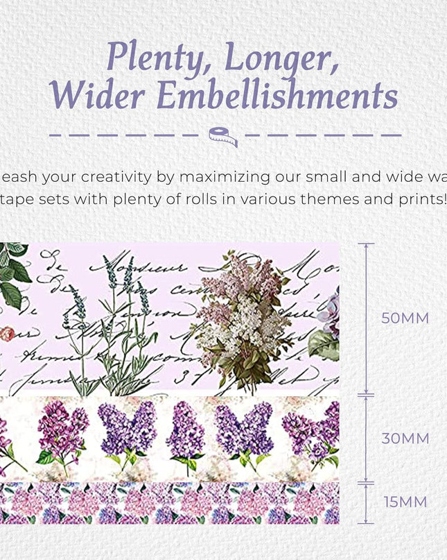 Vintage purple florals wash tapes set featuring hydrangea, lavender, roses and lilacs