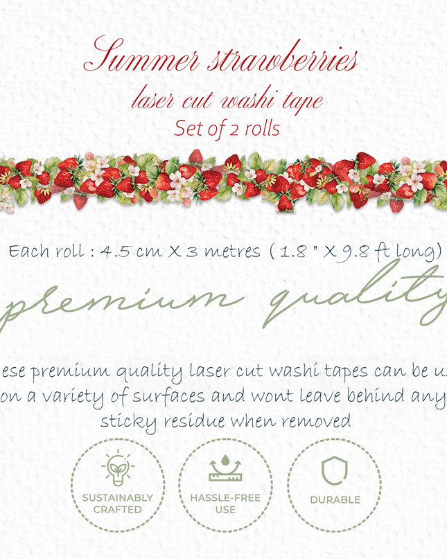 Summer strawberries laser cut washi tape. Set of 2 rolls