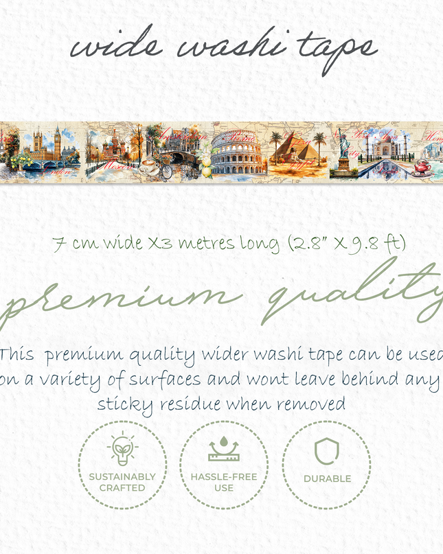 World landmarks travel theme wide washi tape with gold foil