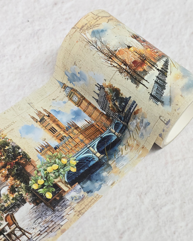 World landmarks travel theme wide washi tape with gold foil