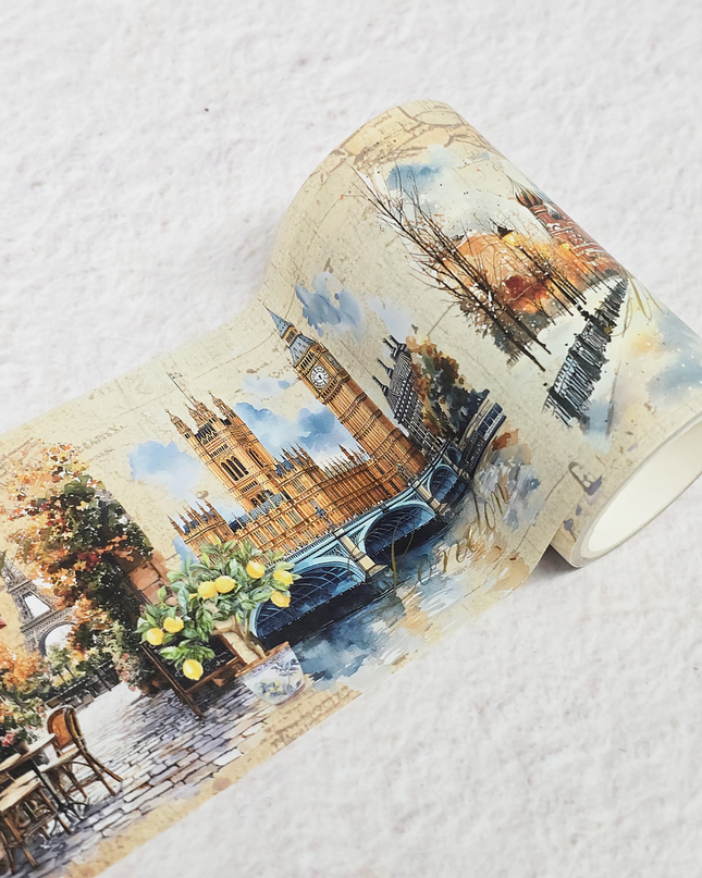 World landmarks travel theme wide washi tape with gold foil