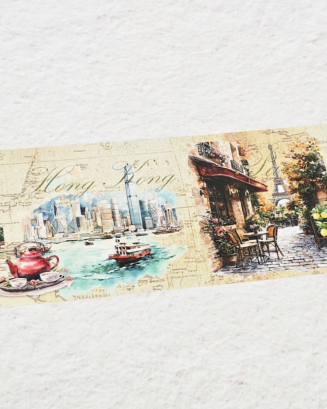 World landmarks travel theme wide washi tape with gold foil