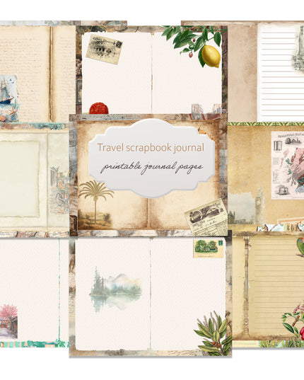 Vintage travel scrapbook printable, printable antique journal download, vintage travel journal pages, junk journal inserts, double sided printable journal, compact travel scrapbook, printable nostalgic stationery.
