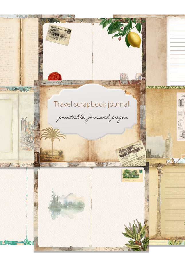 Vintage travel scrapbook printable, printable antique journal download, vintage travel journal pages, junk journal inserts, double sided printable journal, compact travel scrapbook, printable nostalgic stationery.