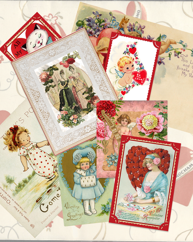 Vintage Valentine's Day greeting cards & tags digital download