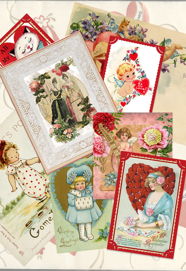 Vintage Valentine's Day greeting cards & tags digital download