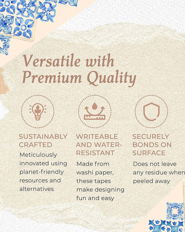 Gold foil blue Mediterranean tiles extra long washi sticker tape  [4cm wide x 10m long (1.6” x 394”)] for journals, decorating and gifts