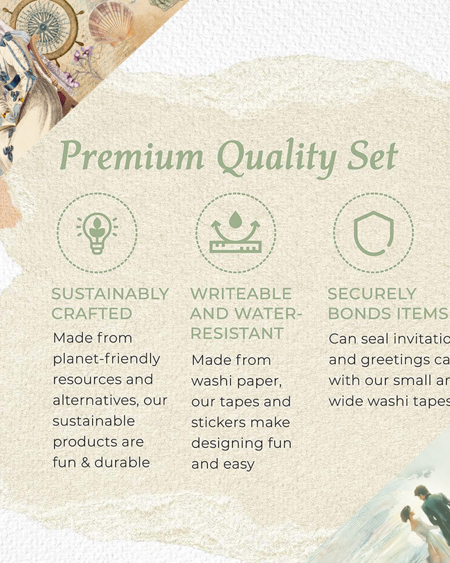 Jane Austen seaside stroll theme extra wide washi tape sticker roll for scrapbooks, journals, crafts and gifts. 12 cm wide