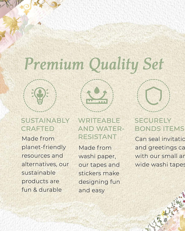 Serenity Fair Fairy Garden washi Tapes (Vintage Fairy Garden Gold foil). Extra long 10 metre / 33 feet tape rolls