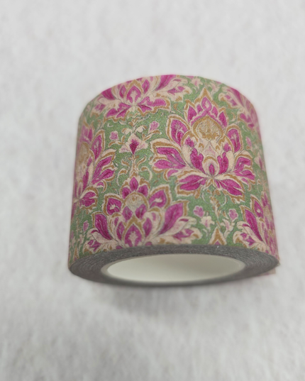 Lotus Damask Glitter Washi Tape – Fuchsia, Sage & Gold (4cm x 5m) ✨