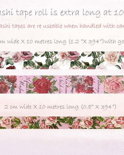 Vintage Roses Washi Tapes Set of 3 rolls for Scrapbooks, Journals, Gift Wrapping and Decorating