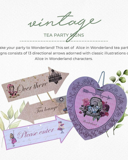 Alice in Wonderland (Mad Hatter Tea Party) Hanging Heart, Arrow Signs. Set of 13 actual signs for party props and decorations
