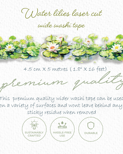 Water Lilies Laser-Cut Washi Tape – Premium Floral Die-Cut Masking Tape for Journaling, Scrapbooking, and DIY Crafts (4.5cm x 5m)