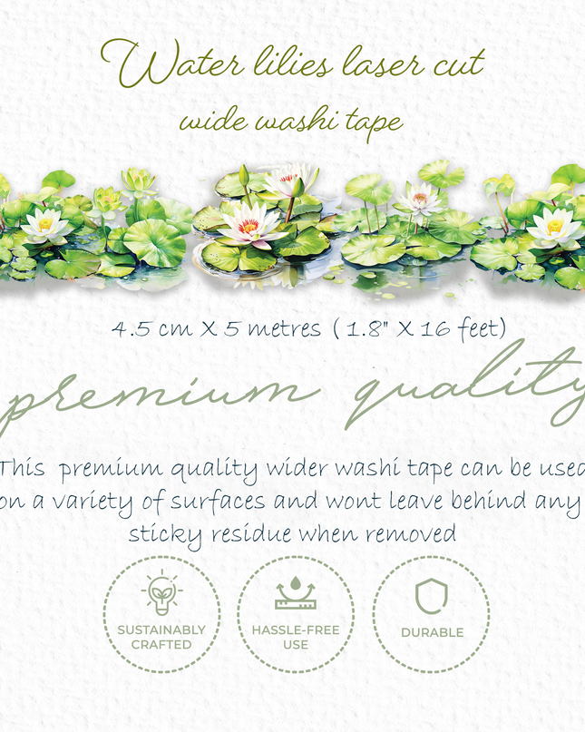 Water Lilies Laser-Cut Washi Tape – Premium Floral Die-Cut Masking Tape for Journaling, Scrapbooking, and DIY Crafts (4.5cm x 5m)